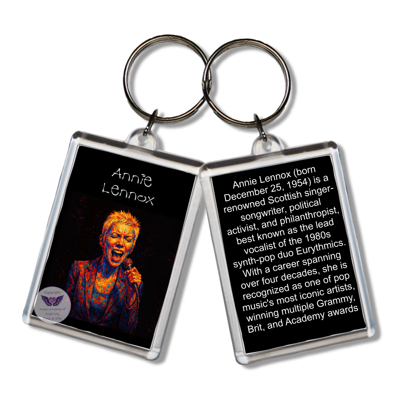 Image Size: 65 X 43mm, Clear plastic . Double sided, Image & brief bio, Image Type: Print, 2D Effect: £3.00