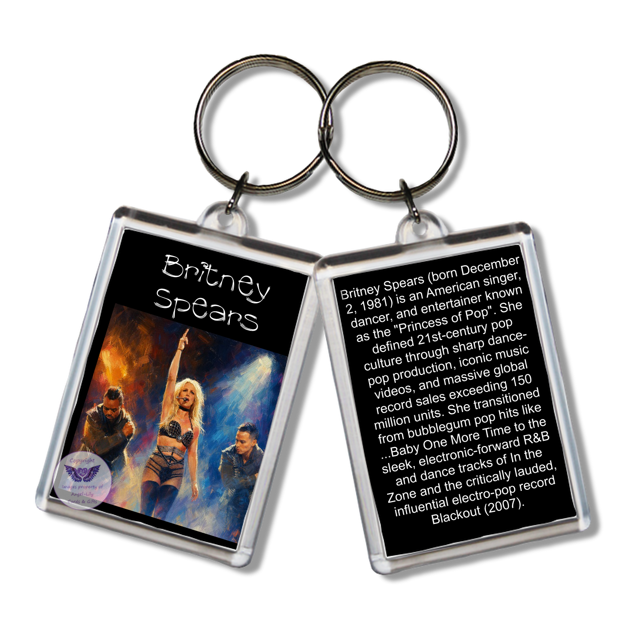 Image Size: 65 X 43mm, Clear plastic . Double sided, Image & brief bio, Image Type: Print, 2D Effect: £3.00