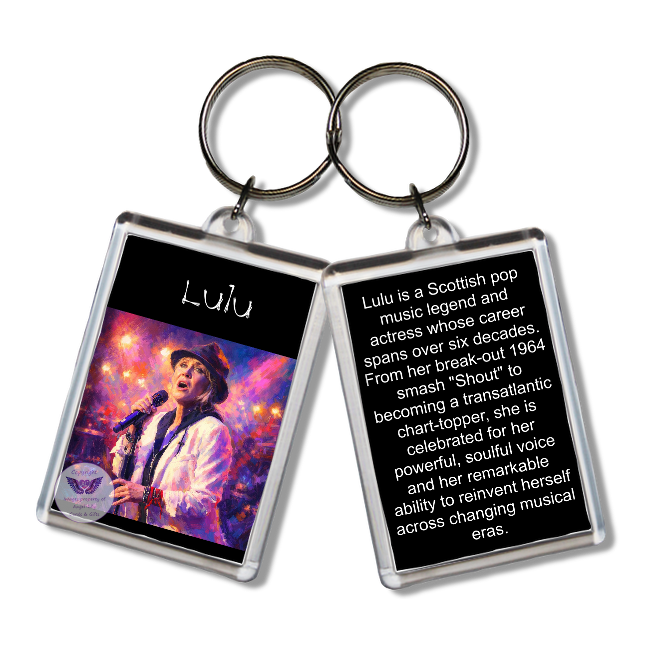 Image Size: 65 X 43mm, Clear plastic . Double sided, Image & brief bio, Image Type: Print, 2D Effect: £3.00