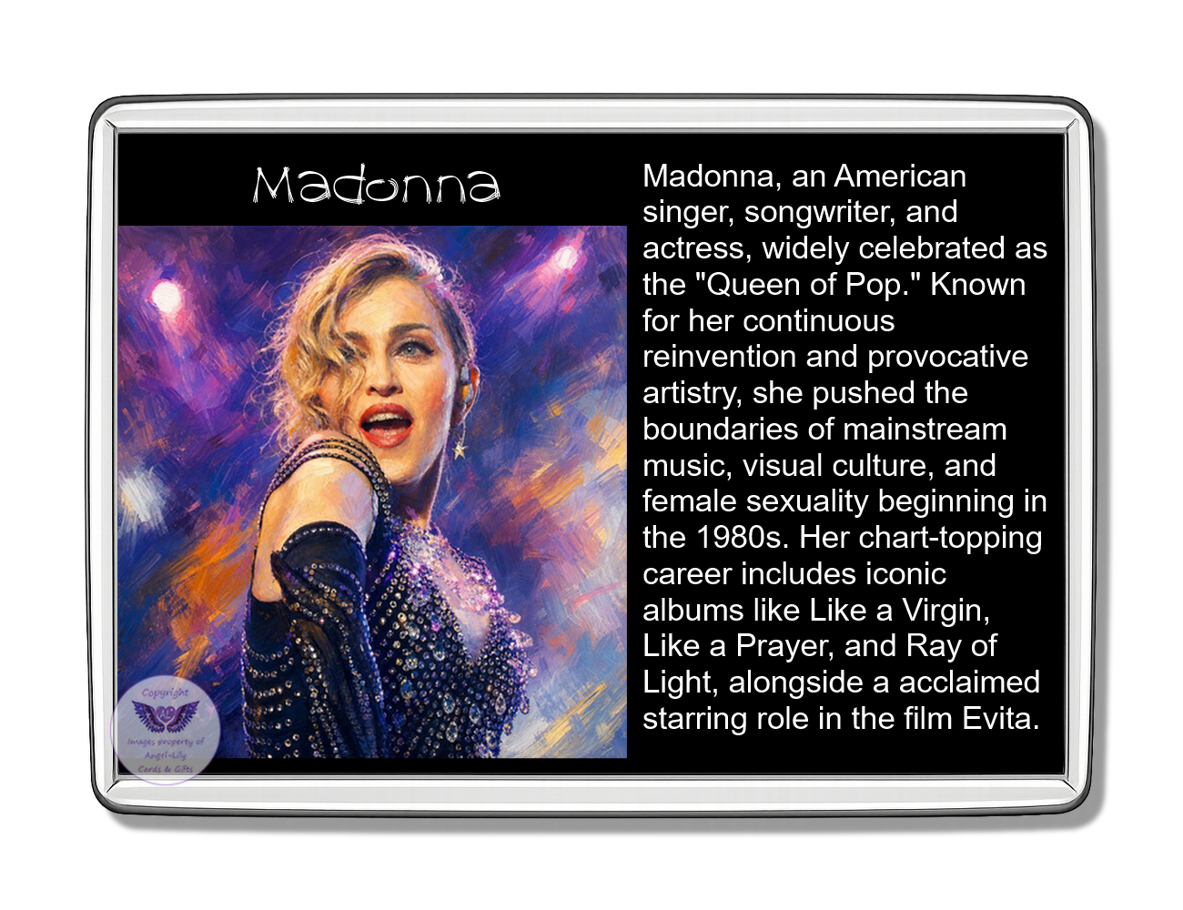 Image Size: 90 X 60mm, Clear plastic , Single sided, Image Type: Print, Magnetic strip attached, 2D Effect: £5.00