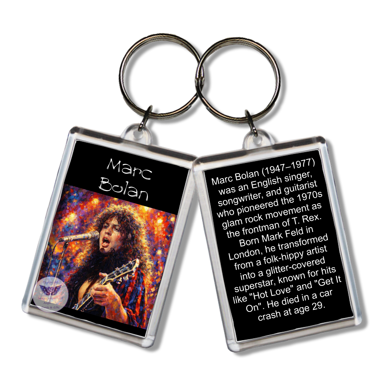 Image Size: 65 X 43mm, Clear plastic . Double sided, Image & brief bio, Image Type: Print, 2D Effect: £3.00